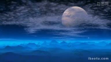 不高的山被蓝色的雾笼罩，夜空中闪烁着明亮的星星